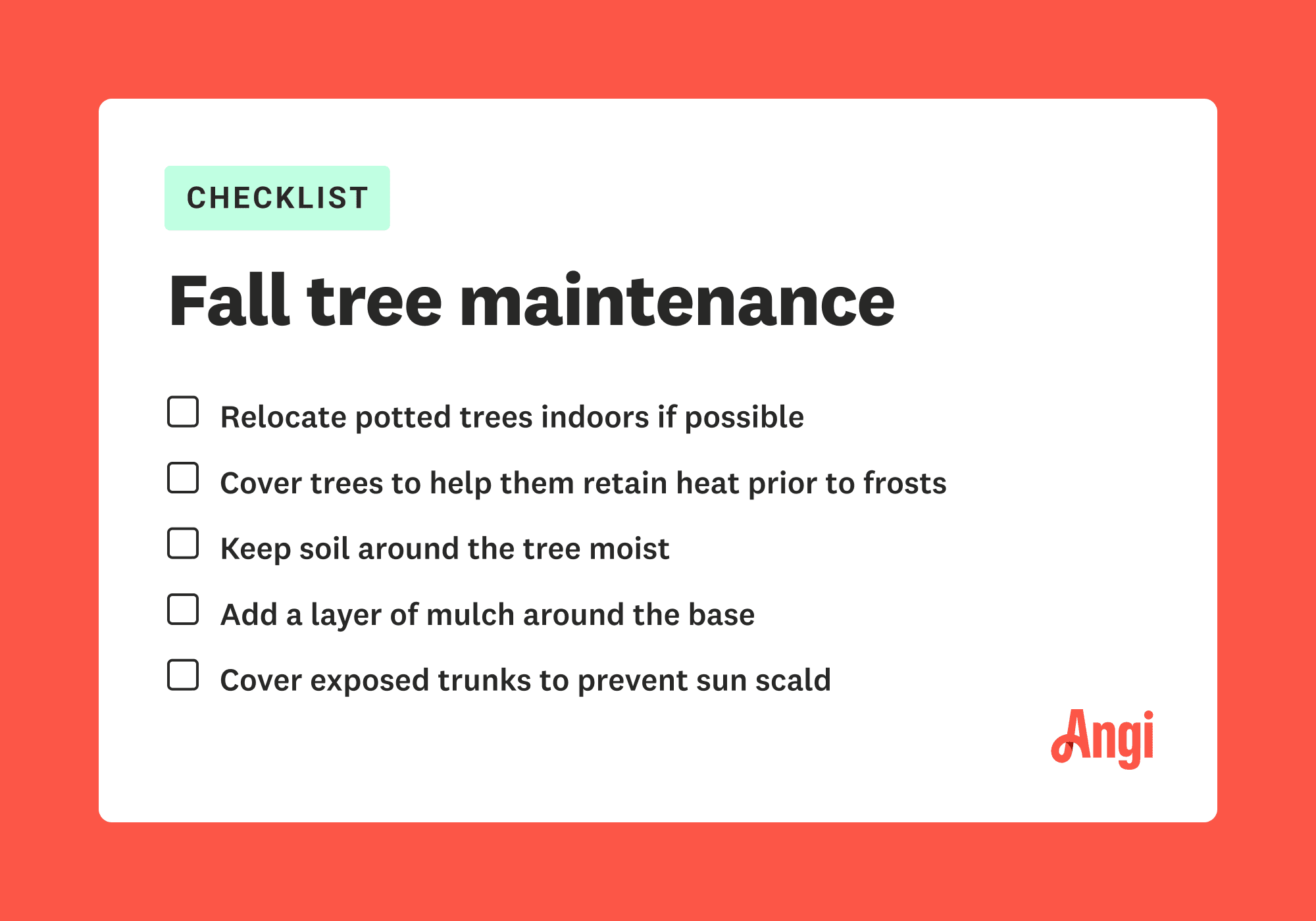 Fall tree maintenance checklist with 5 ways to maintain trees, including adding a layer of mulch around the base