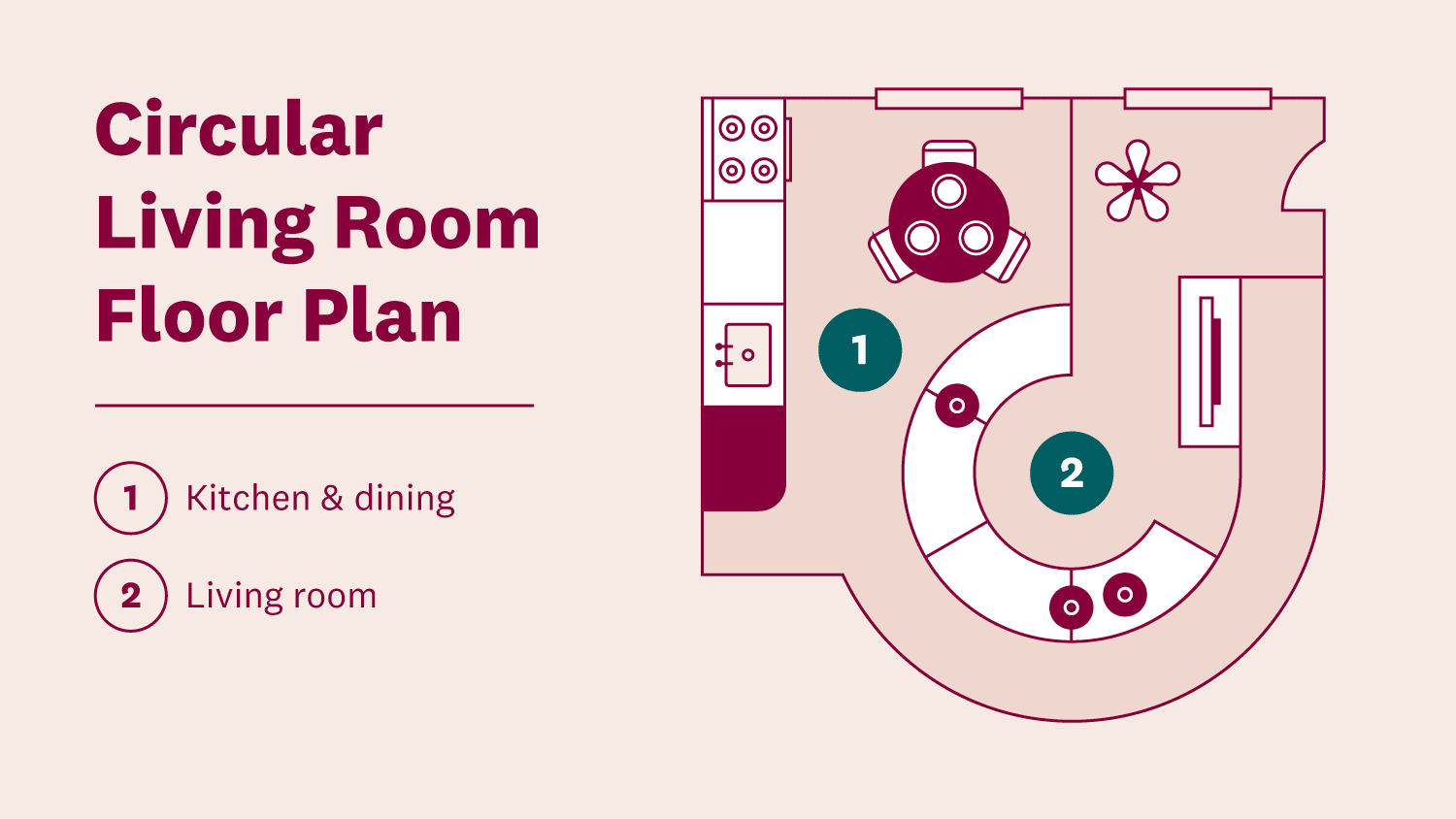 Circular living room floor plan graphic