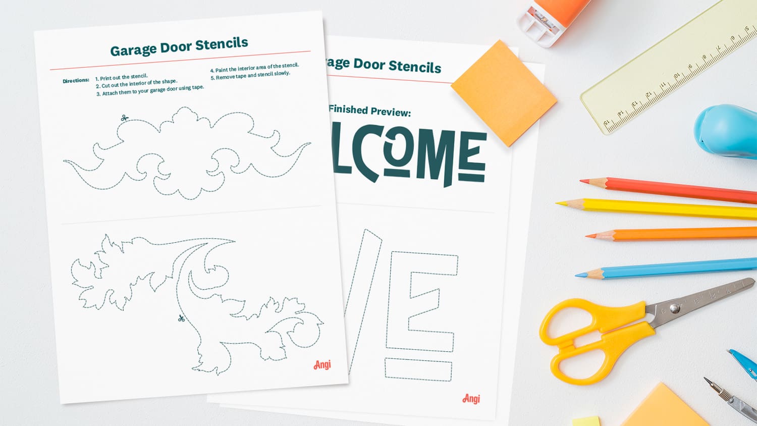 stencil prints on desk with craft supplies