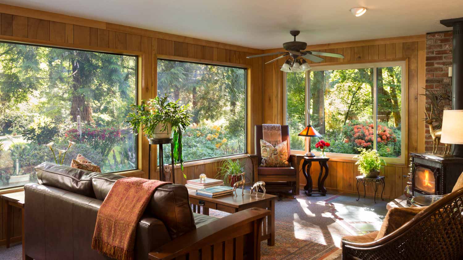 Cozy sunroom with a fireplace