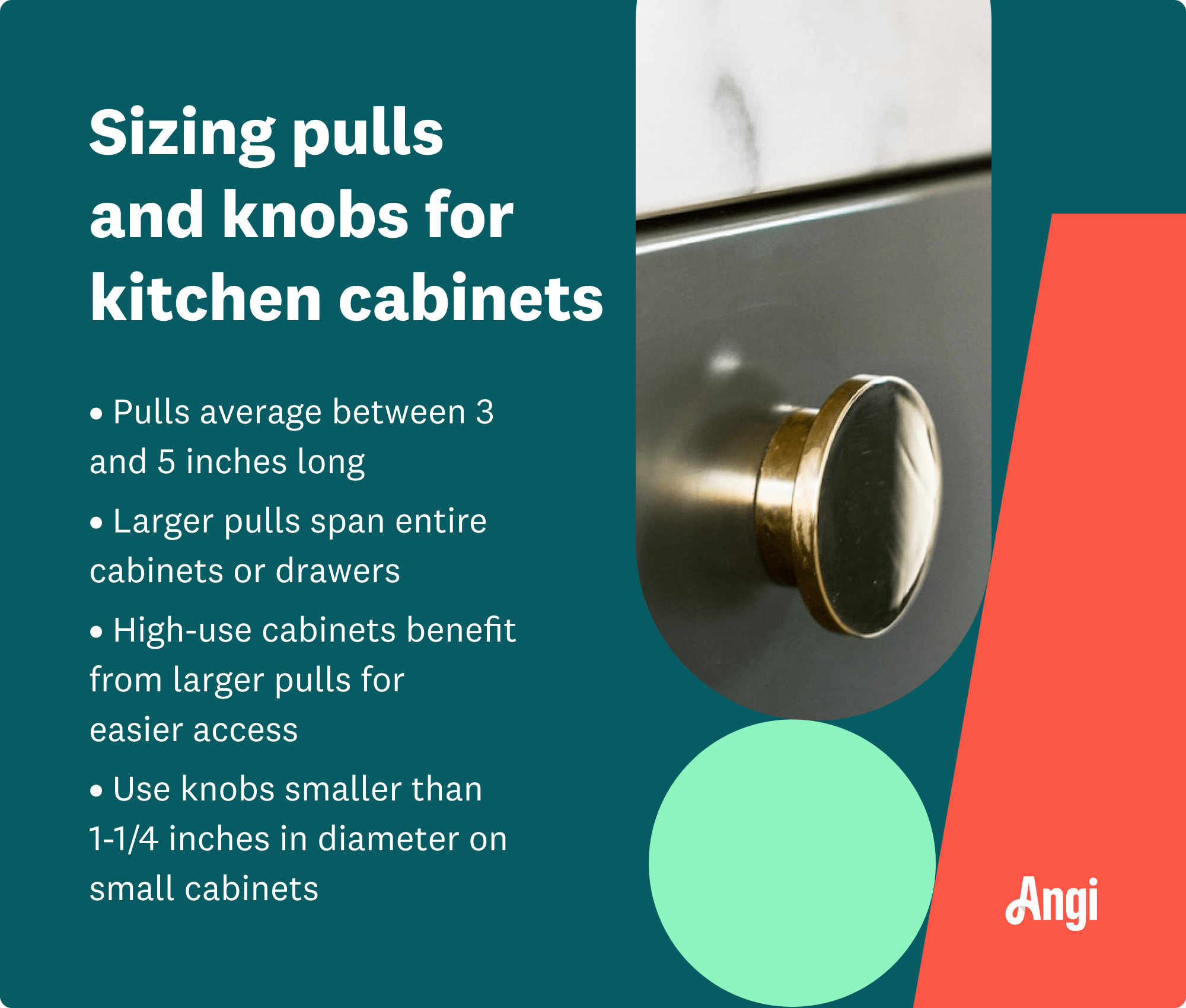 4 tips for sizing pulls and knobs for kitchen cabinets, with larger pulls spanning the entire cabinets or drawers