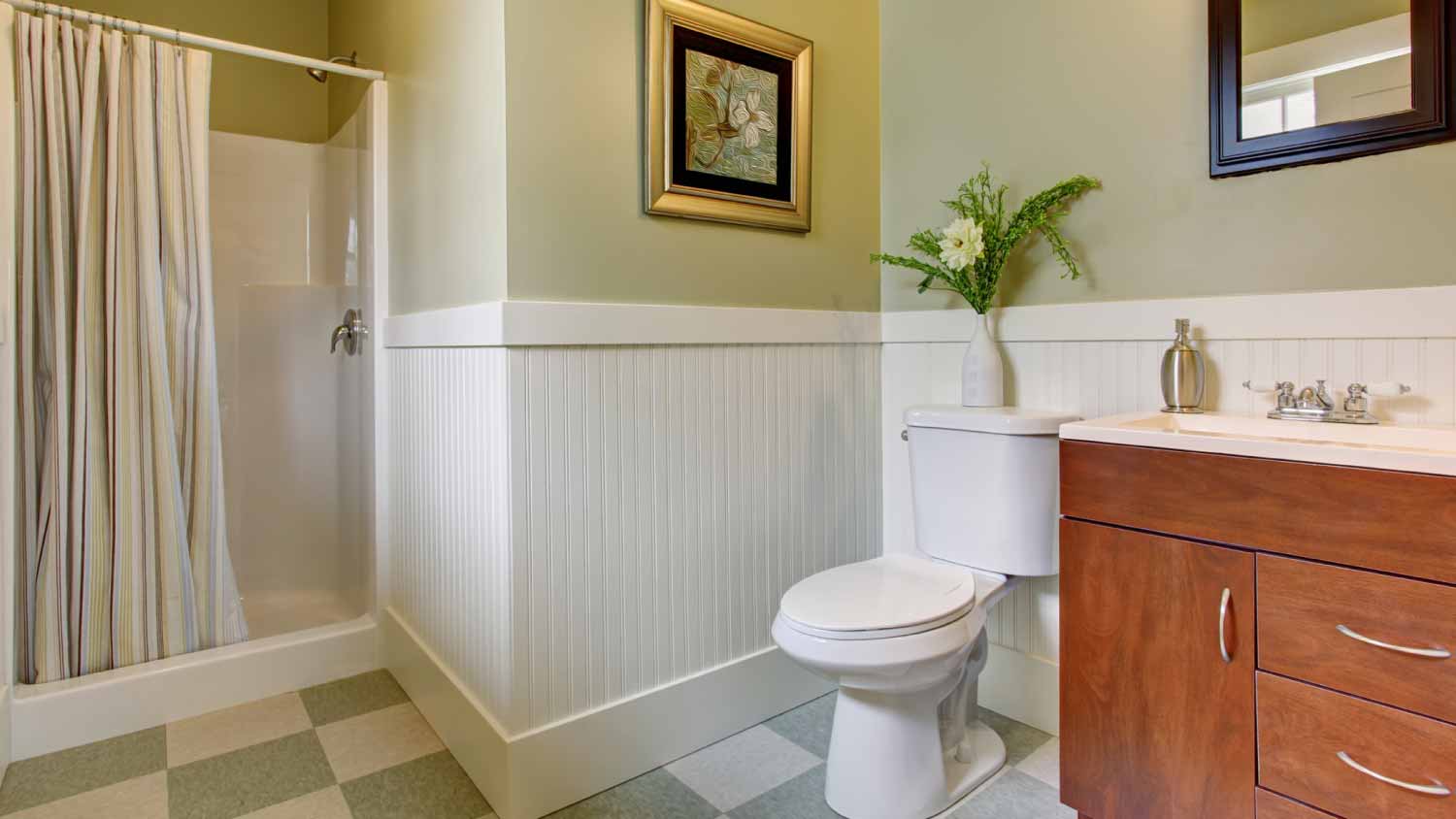 Bathroom with checkered tile floor