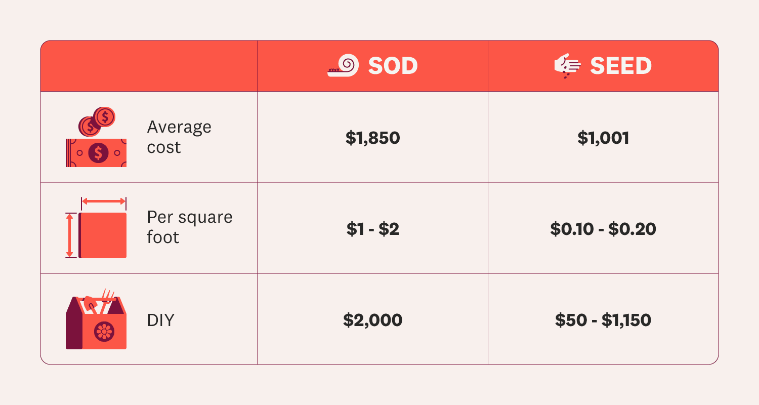 When comparing, one element to consider is your budget. The average cost of sod installation is $1,850, or between $1 and $2 per square foot. On the other hand, the average cost of seeding a lawn is a bit more budget-friendly at $400 to $1,500.