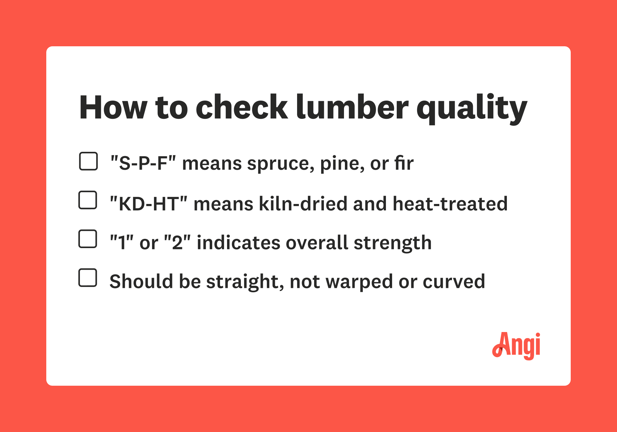 How to check lumber quality, with S-P-F meaning spruce, pine, or fir. Lumber should be straight, not curved.