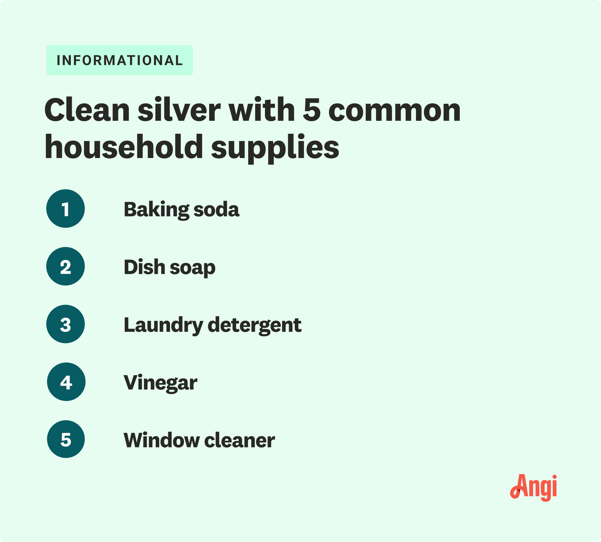 5 common household supplies to clean silver, including baking soda, dish soap, and vinegar
