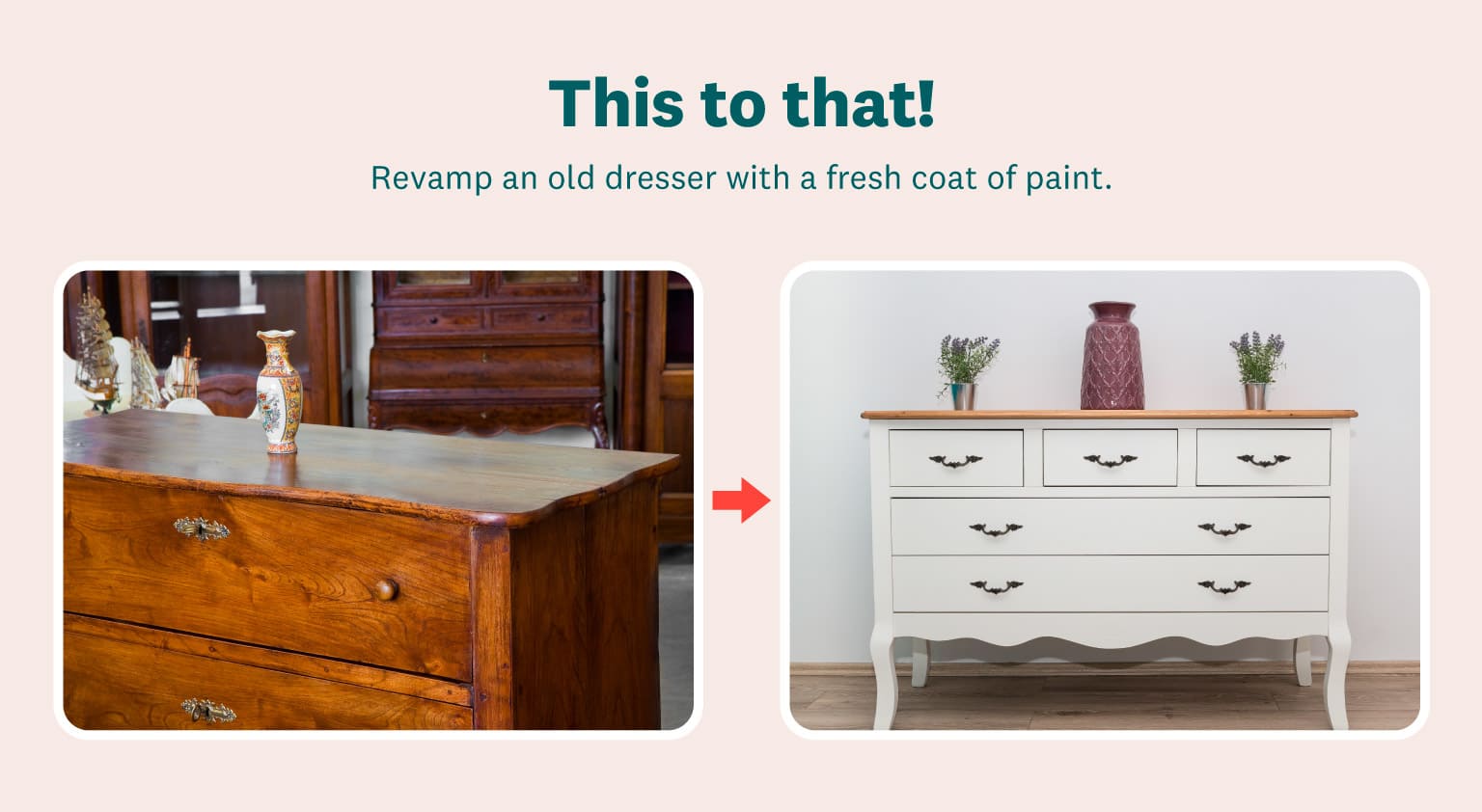 If a vintage rustic dresser doesn’t fit your decor style, revamp it. Simply revive the old, dull color with a fresh coat of paint and polish. You can add a few houseplants or figurines on top as decor and aesthetic appeal.