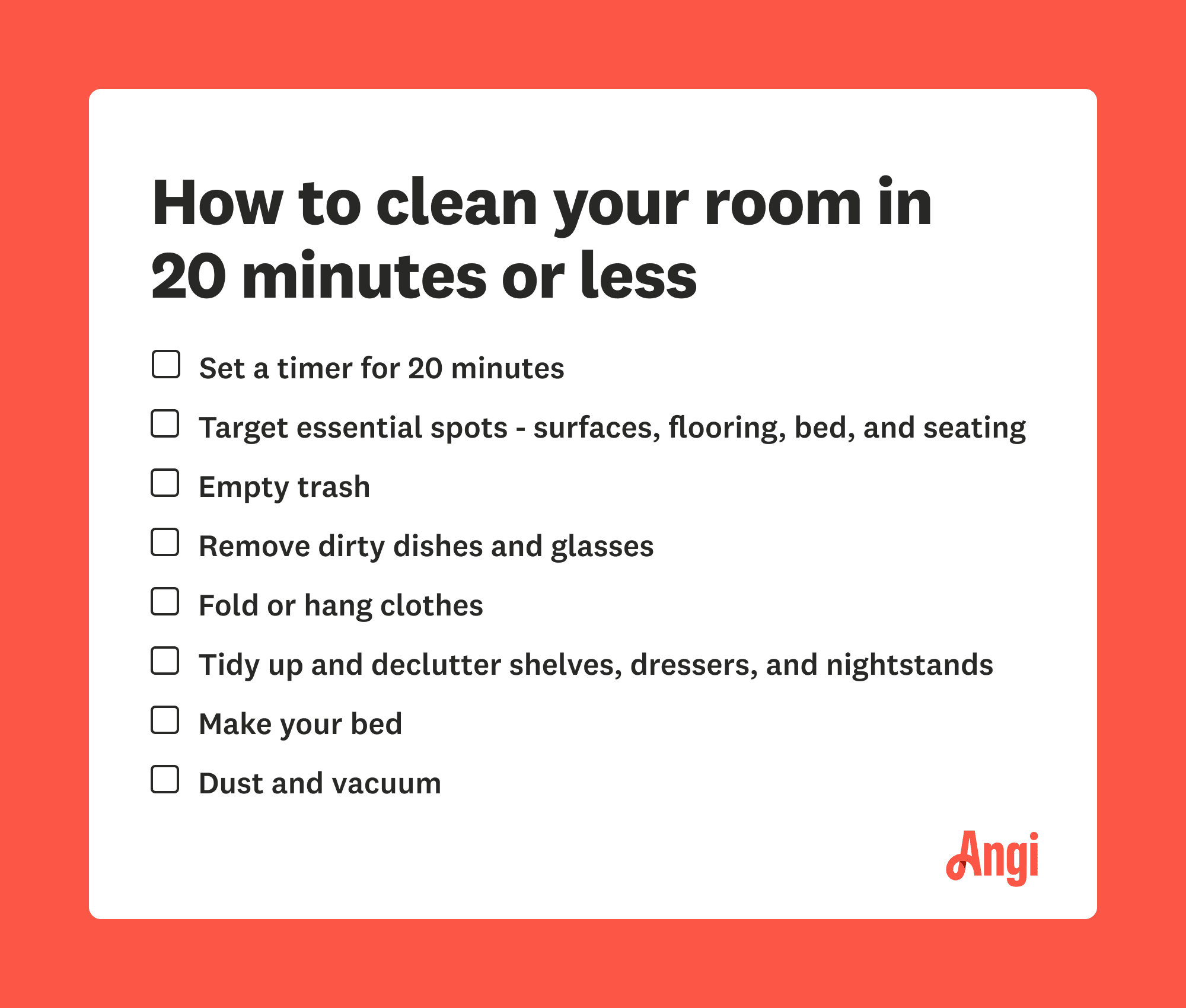 8 item checklist on how to clean your room in 20 minutes or less, including making your bed
