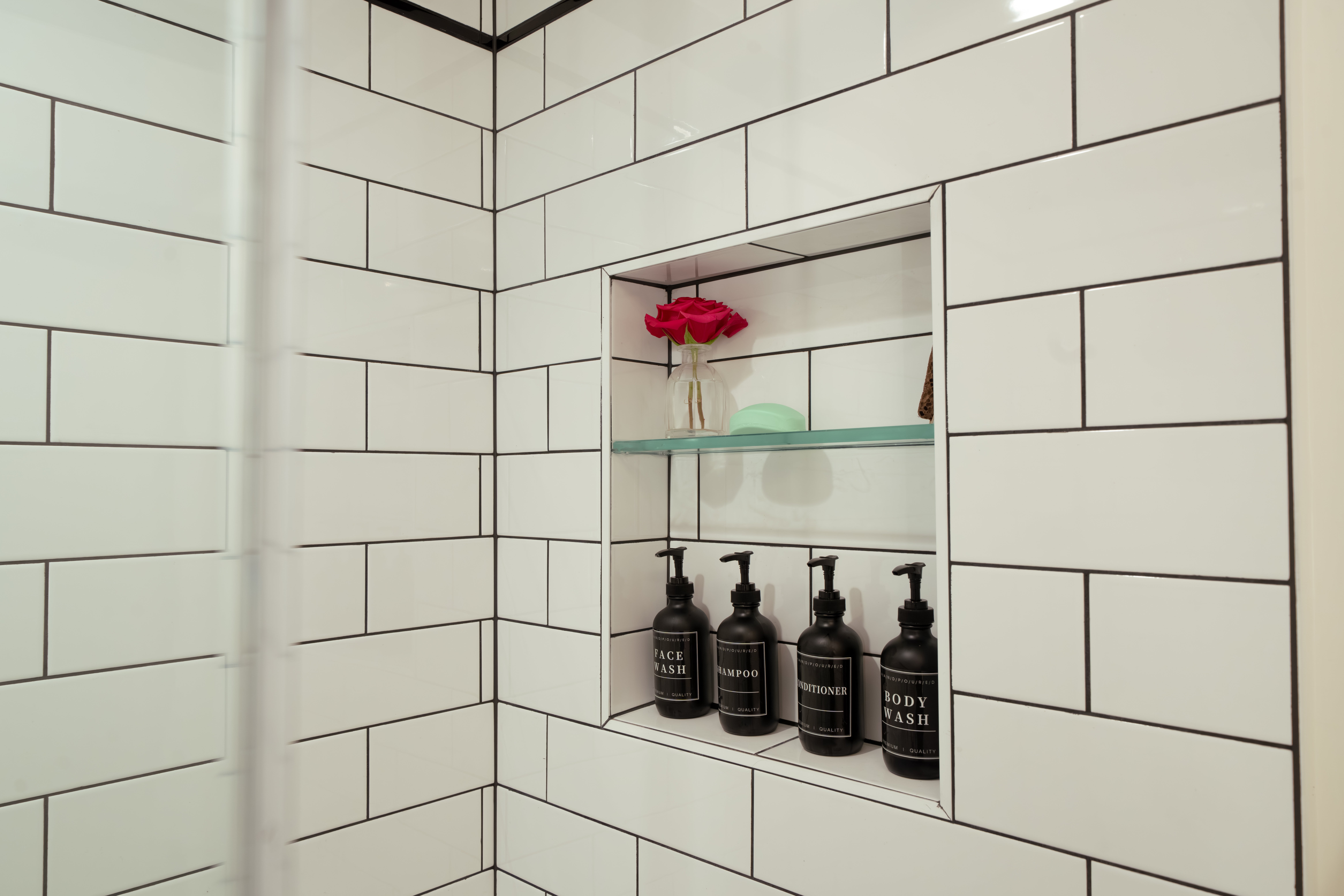 Shower niche with vintage subway tiles