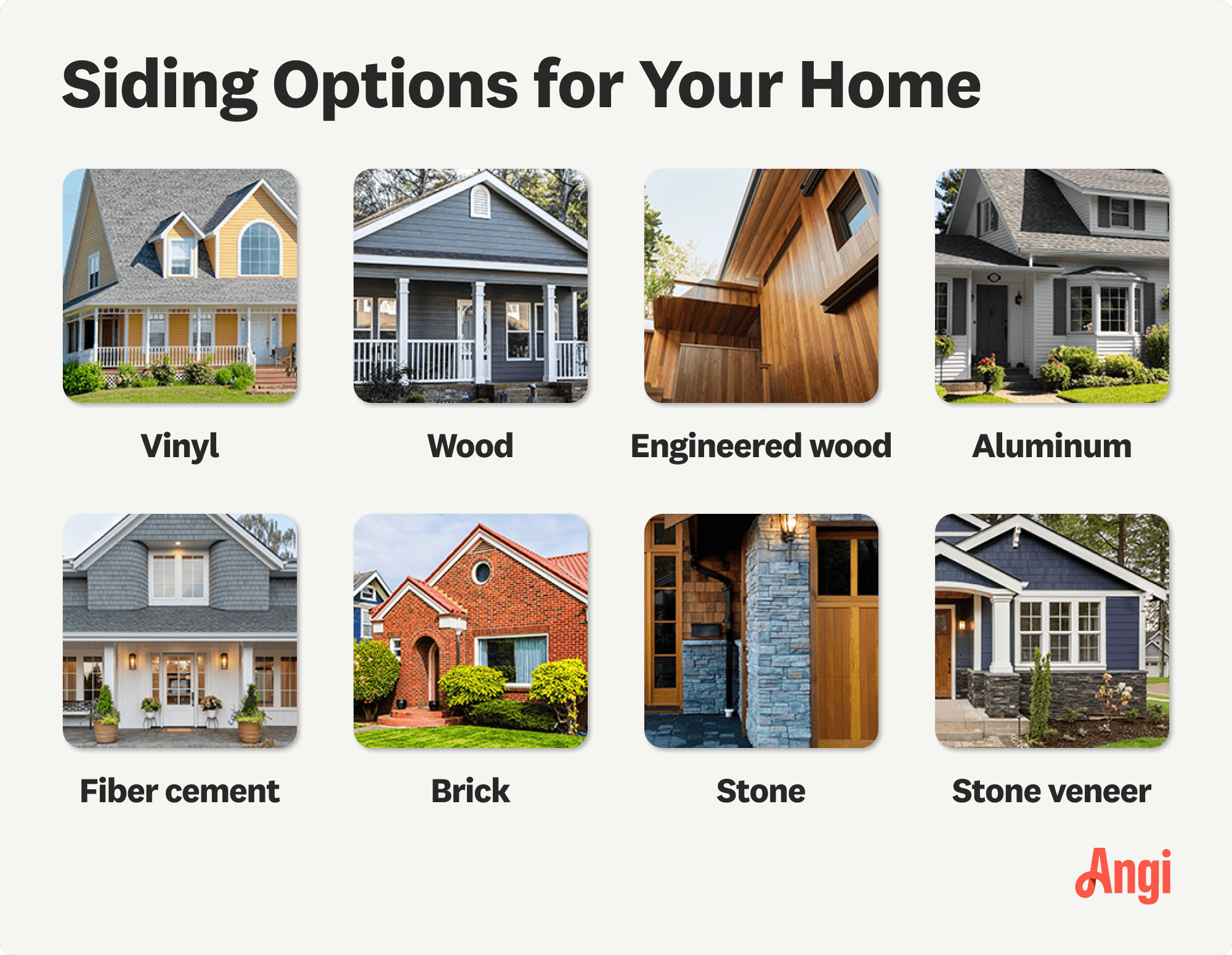 8 siding options for your home compared visually, including vinyl, engineered wood, and brick