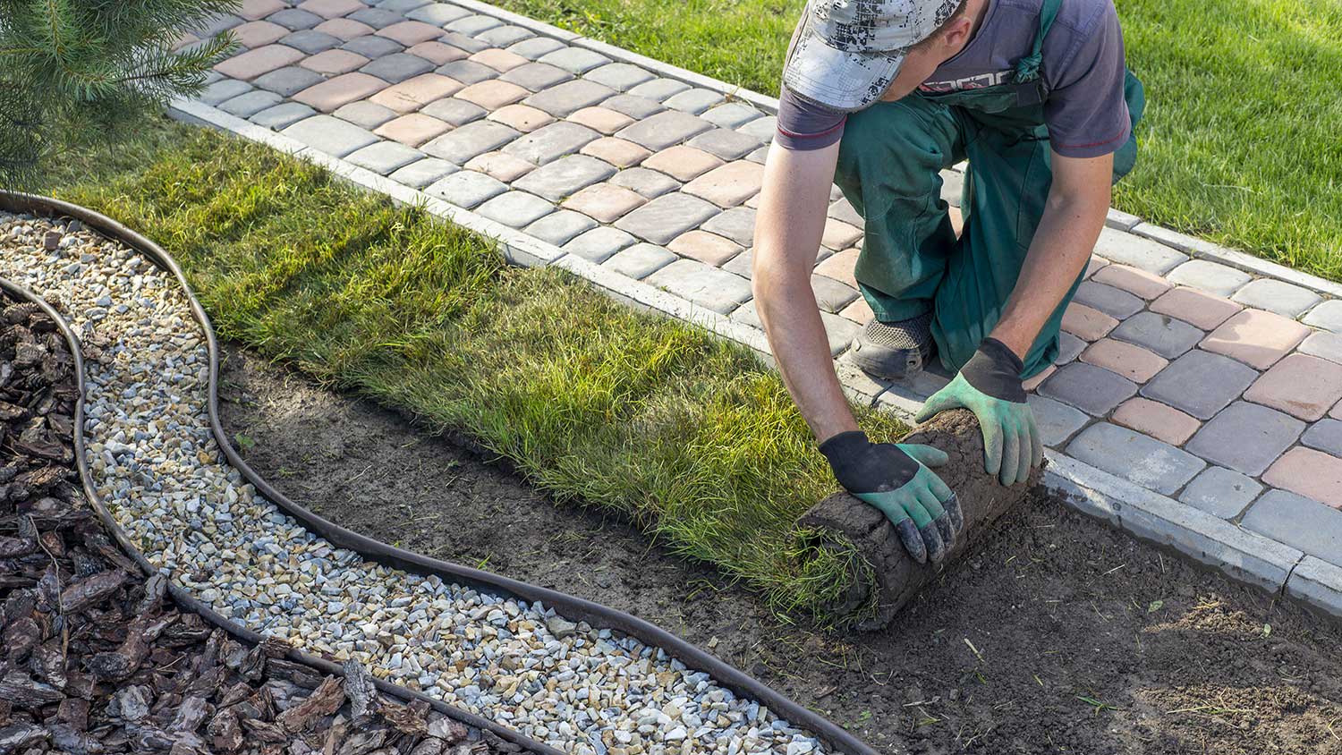 Gardener laying turf for new yard
