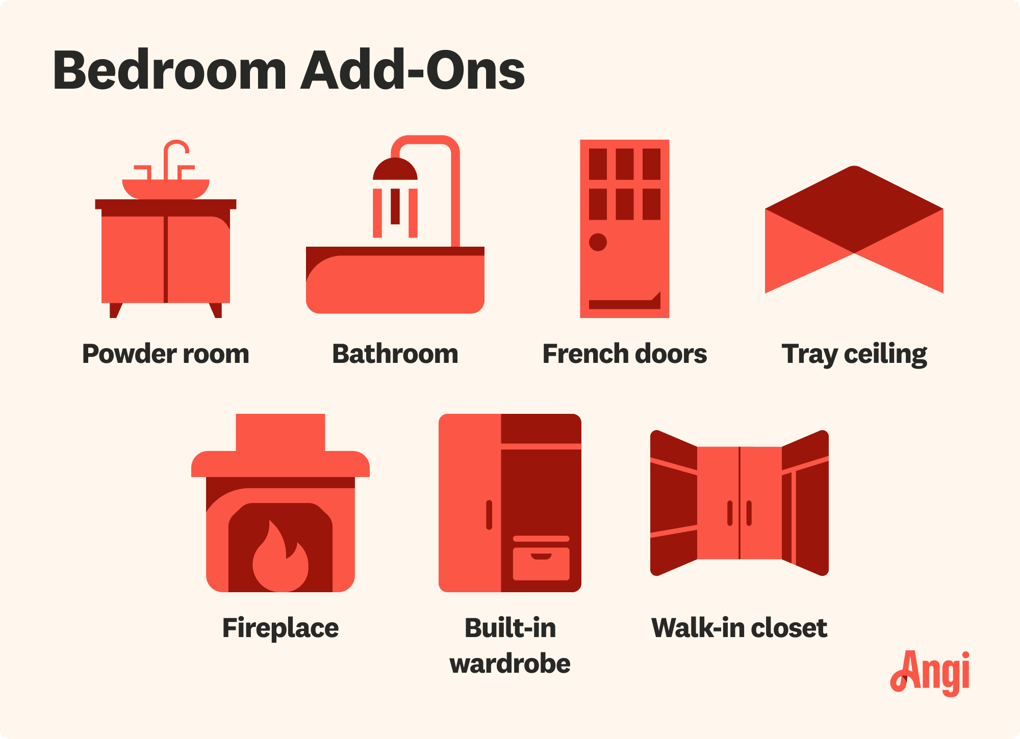 7 bathroom add-ons, including a fireplace, French doors, and tray ceiling