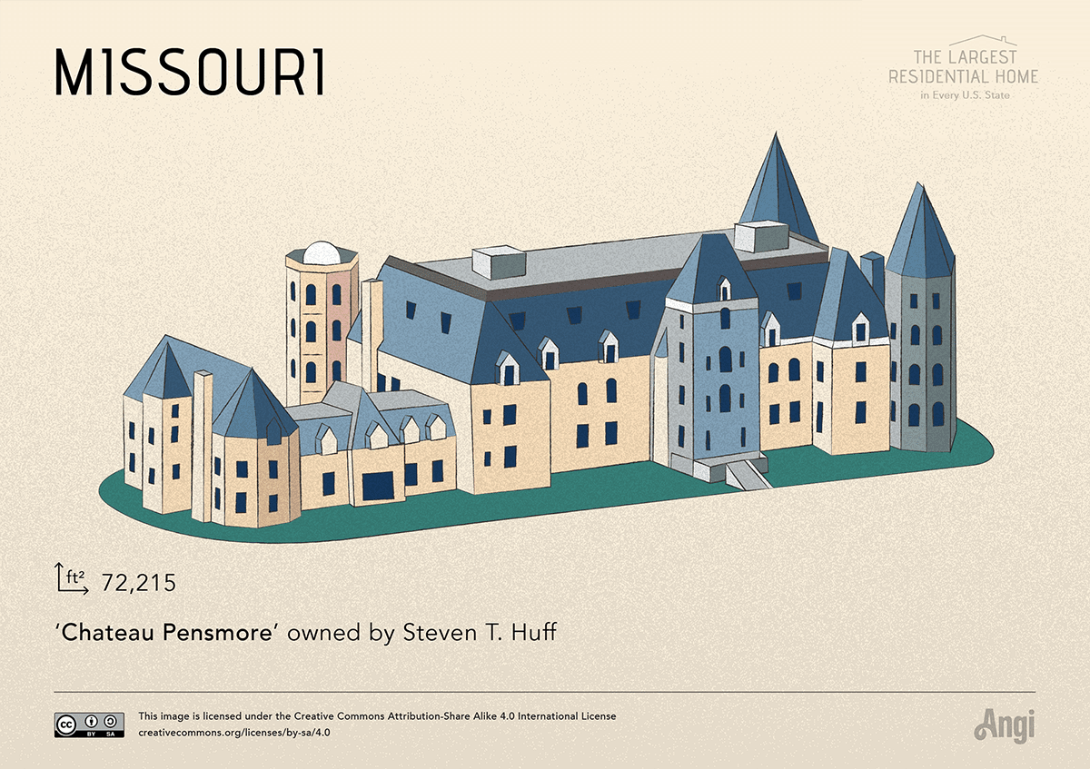 the largest house in Missouri is Chateau Pensmore owned by Steven T. Huff