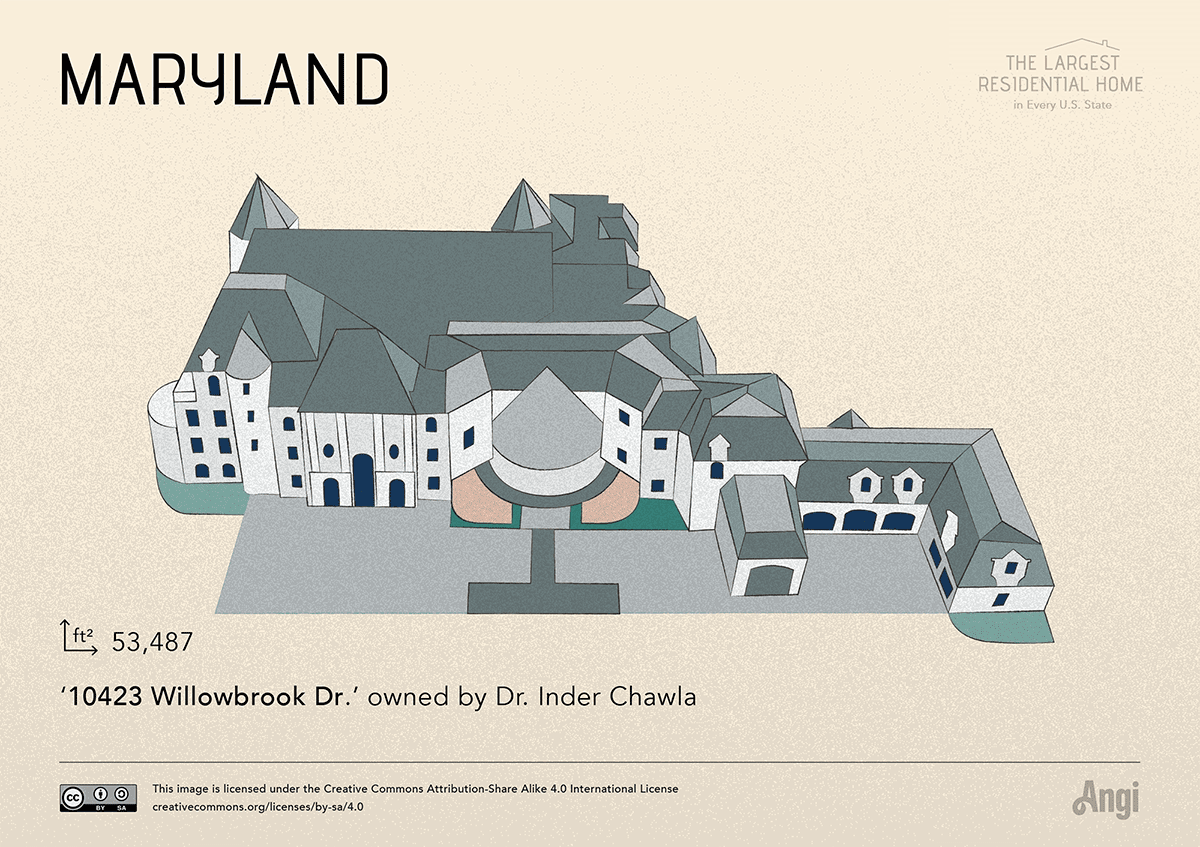 the largest home in Maryland is 10423 Willowbrook Drive owned by Dr. Inder Chawla