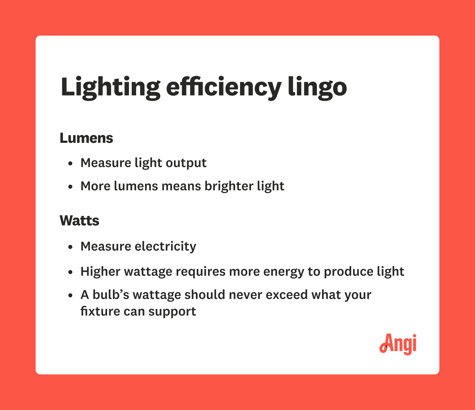 2 lighting efficiency terms explained, with lumens measuring light output or light brightness, and watts measuring electricity or the amount needed to produce light