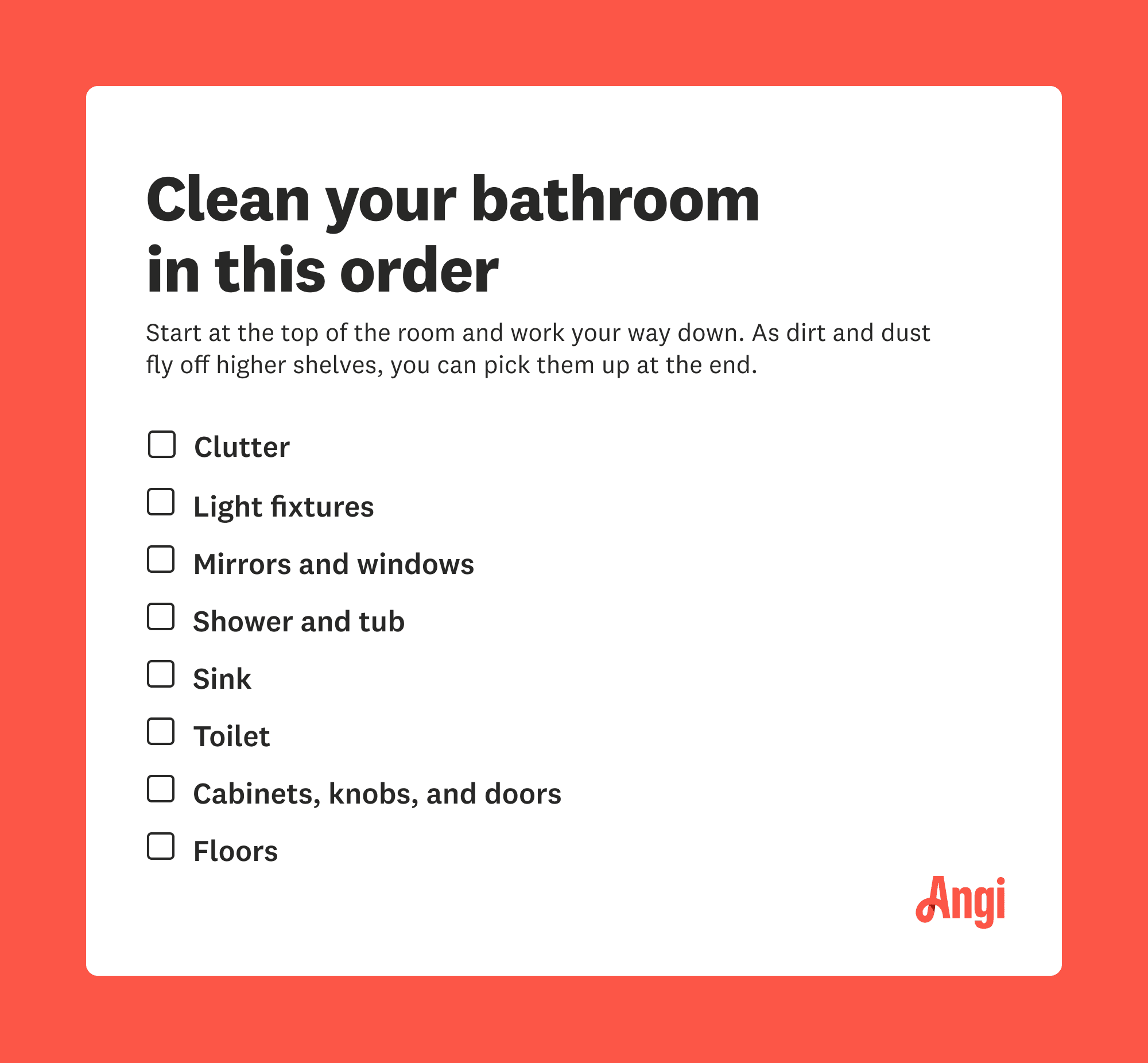 Bathroom cleaning order checklist, starting with clutter, light fixtures, mirrors and windows, and toilet