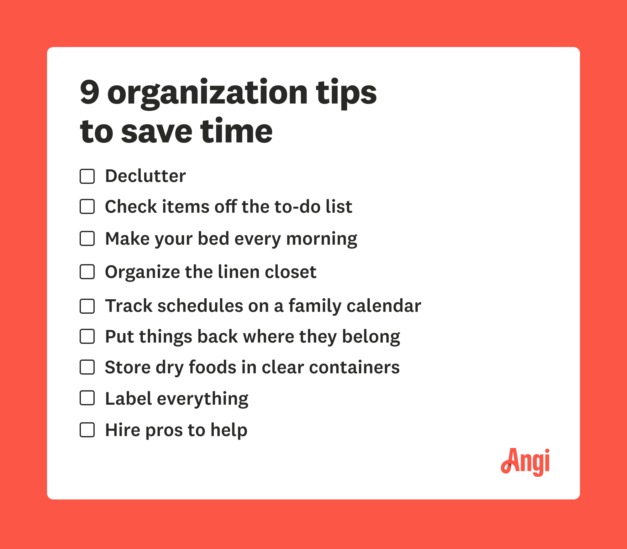9 tips for organizing, including declutter, make your bed every morning, and label everything