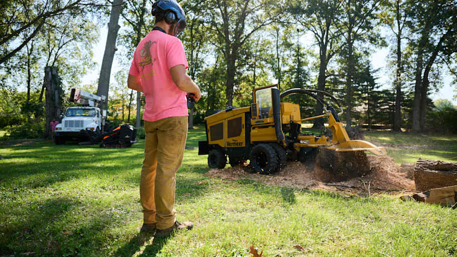 Tree worker in safety helmet operates a stump grinder to remove a tree stump in a grassy yard with trucks in the background.