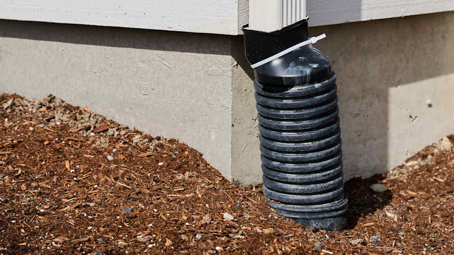 Flexible downspout extension secured with a zip tie, directing water away from a home's foundation onto mulch ground.