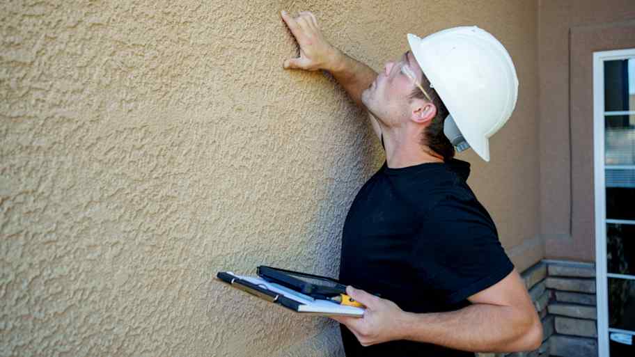 A professional inspecting a stucco wall 