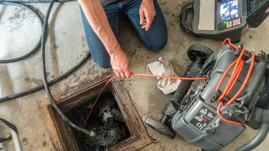 A plumber using professional equipment to repair a sewage system