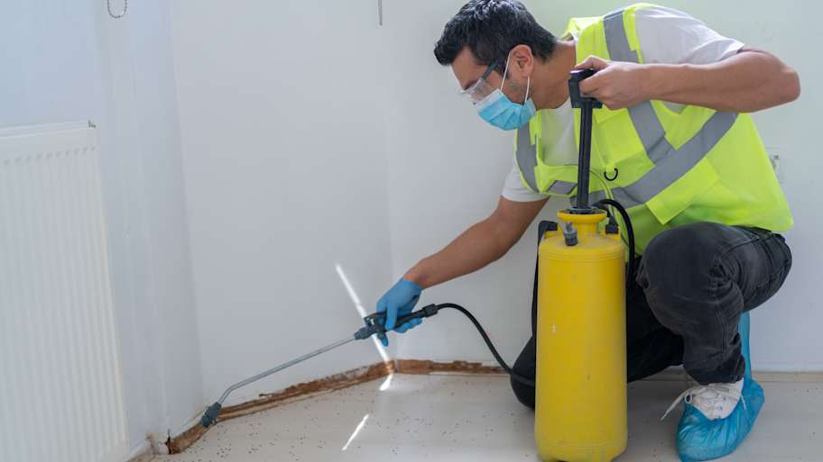 Pest control professional spraying pesticide along a baseboard