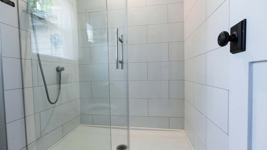 Pivot glass bathroom door.