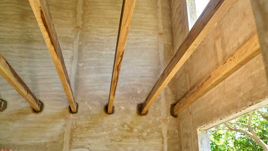 Work In Progress In Empty Room, Wooden Beams Pile 