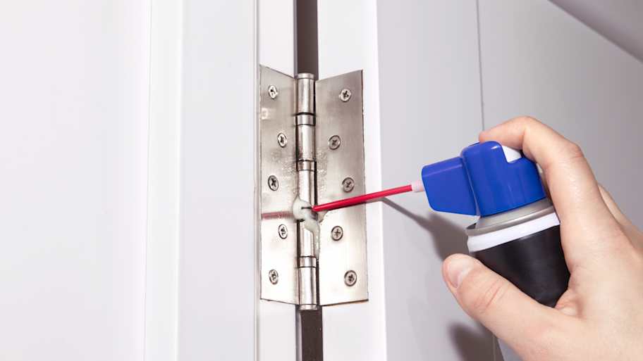 Person using spray to grease a door hinge