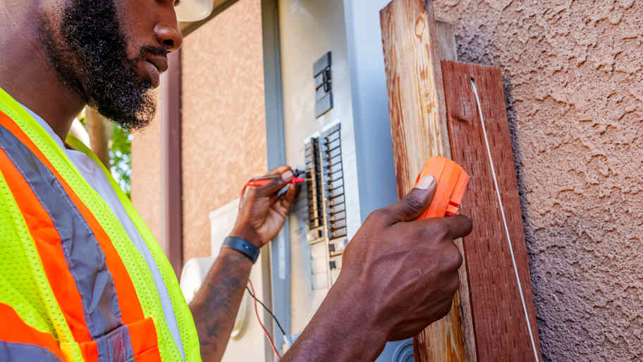 Electrician using a multimeter to test an electrical box  