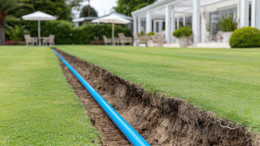pipe in trench across lawn