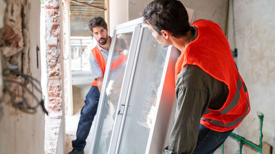 Two professionals installing a new window