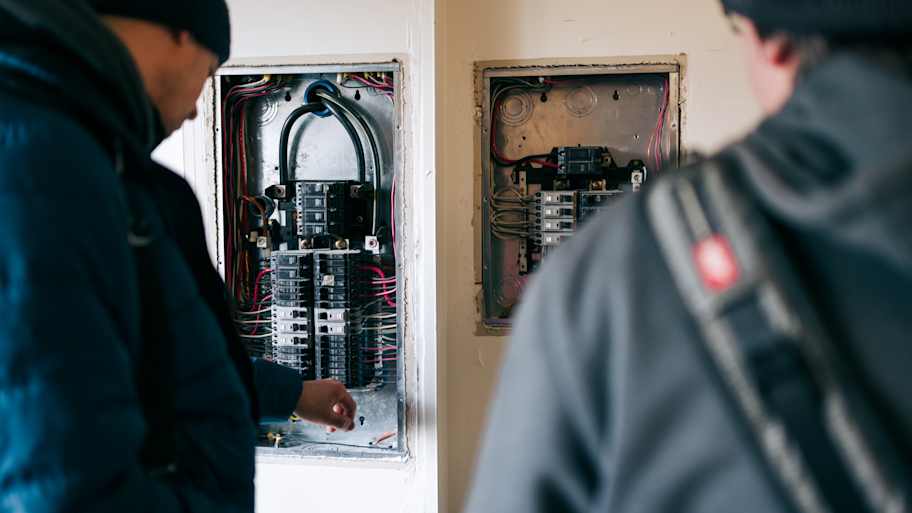 Electricians working on electrical panel