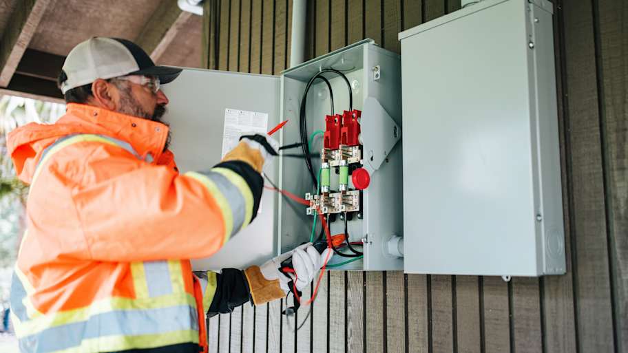 Electrician installing the electrical box outside the house  