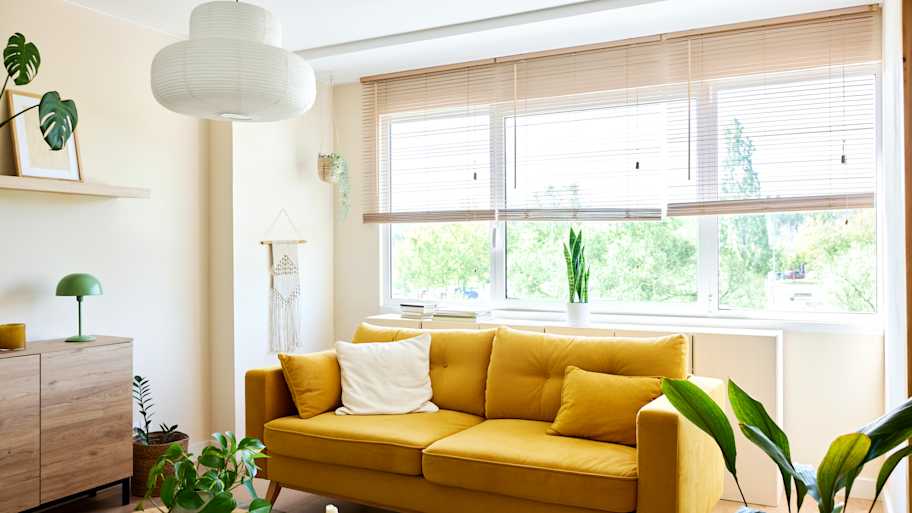 living room with blinds
