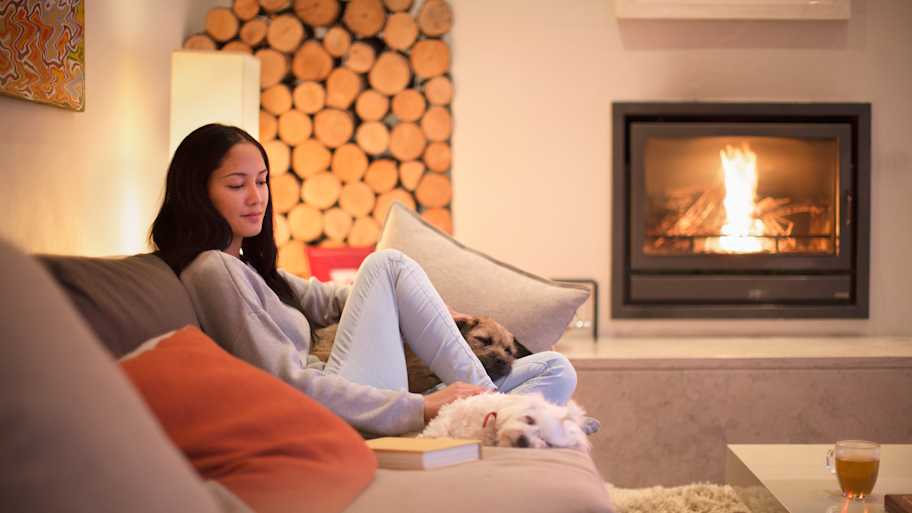 Woman and her dogs relaxing by a wood-burning fireplace