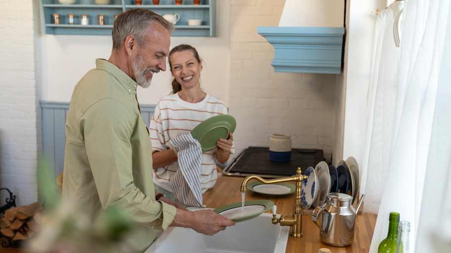 Couple washing dishes in kitchen