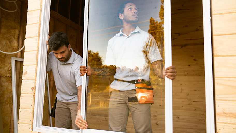 Two workers installing a new window 
