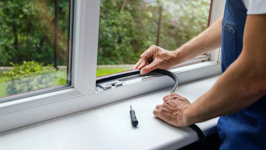 A professional installing sealing tape to a new window 