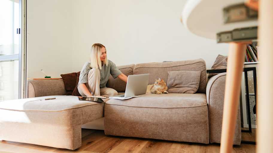 Young woman working comfortable on couch