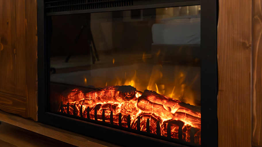 Electric fireplace burning firewood