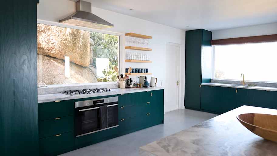 A contemporary kitchen with lots of light