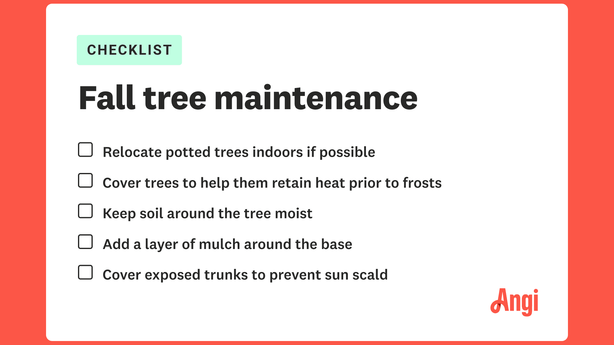 Fall tree maintenance checklist with 5 ways to maintain trees, including adding a layer of mulch around the base