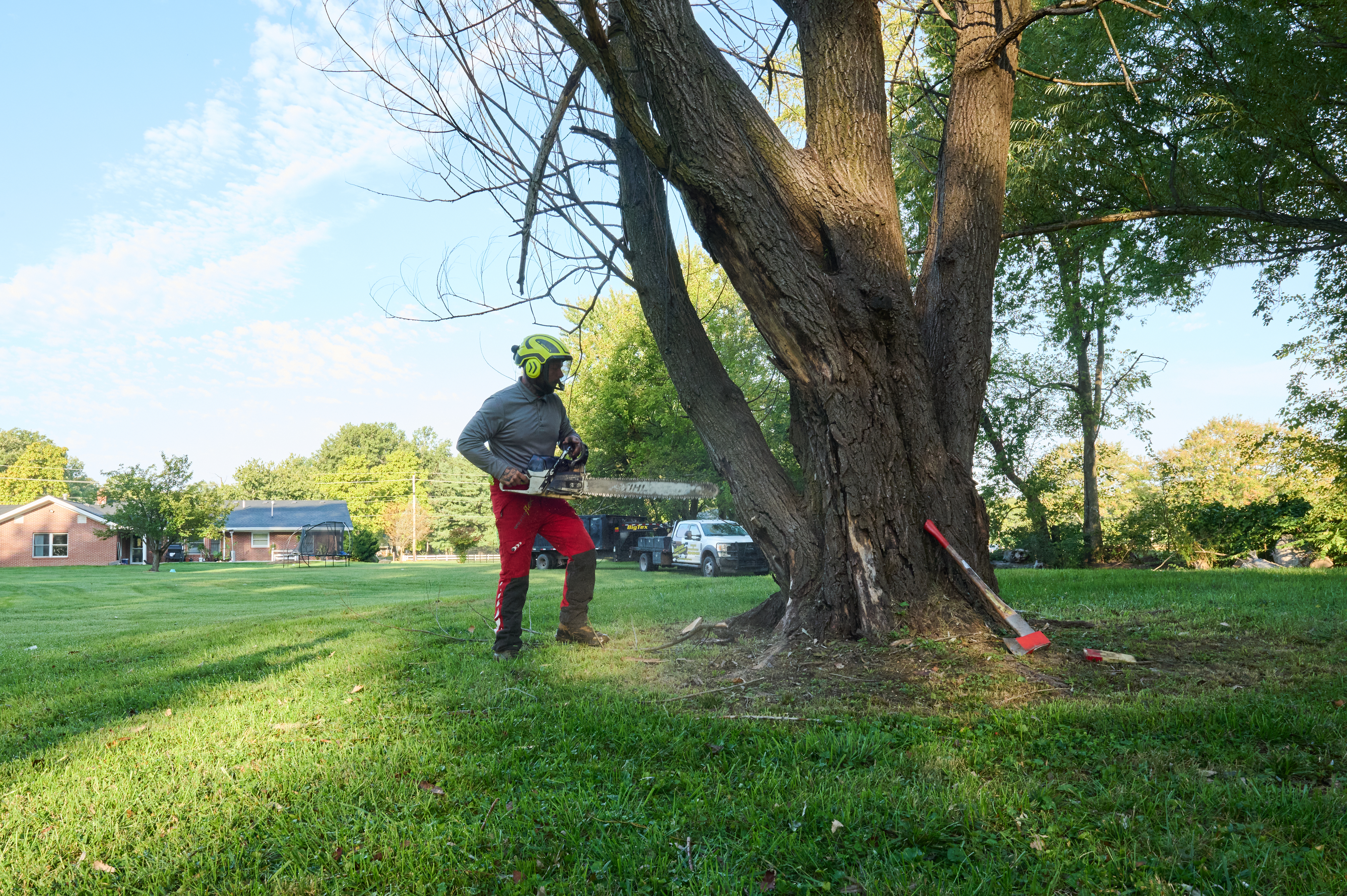 Worker in helmet and red safety pants holds a chainsaw while preparing to cut a leaning tree in a residential yard.
