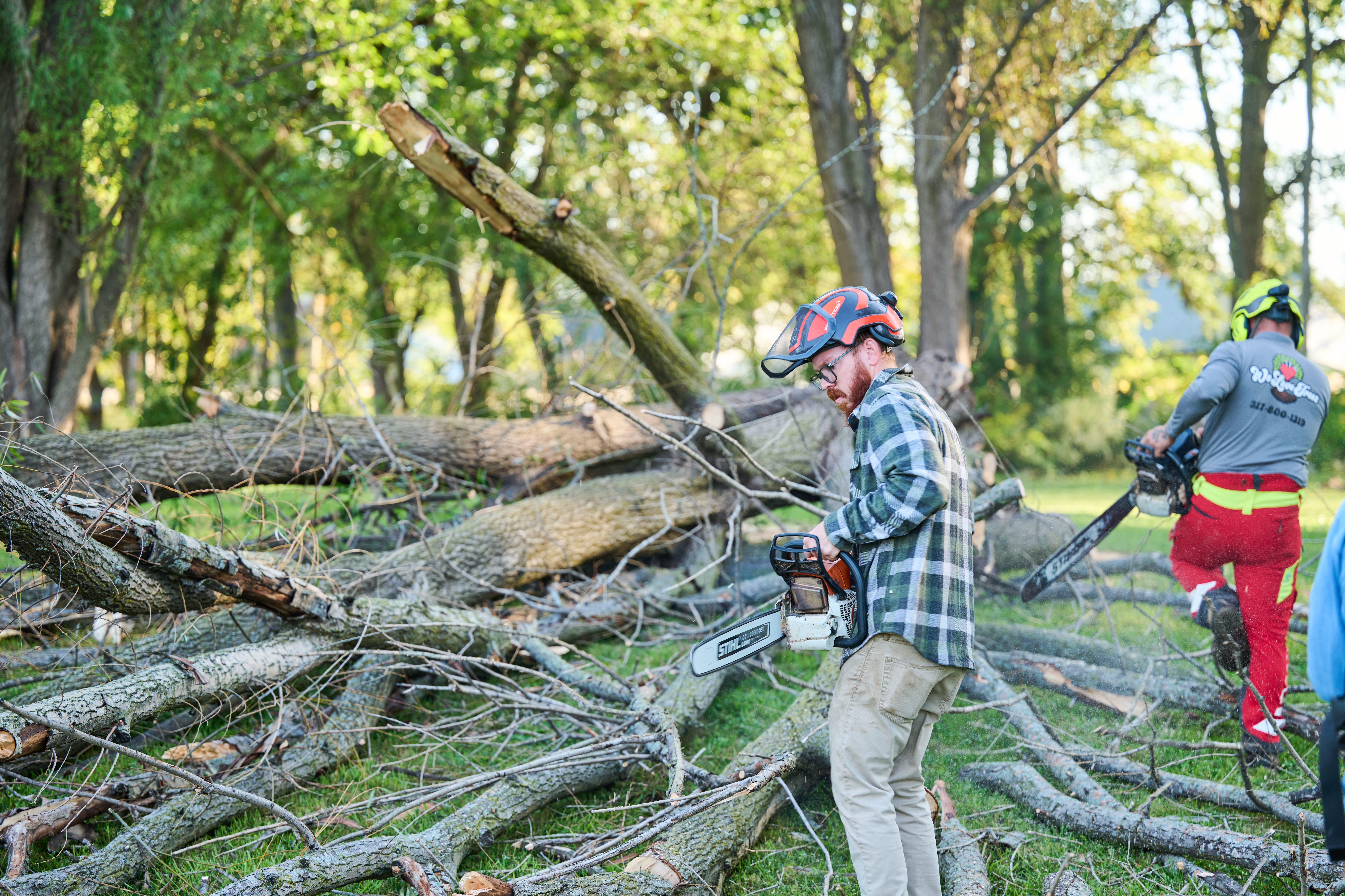 Two workers with chainsaws clear fallen tree branches in a grassy area surrounded by trees one wearing flannel and the other in safety gear.