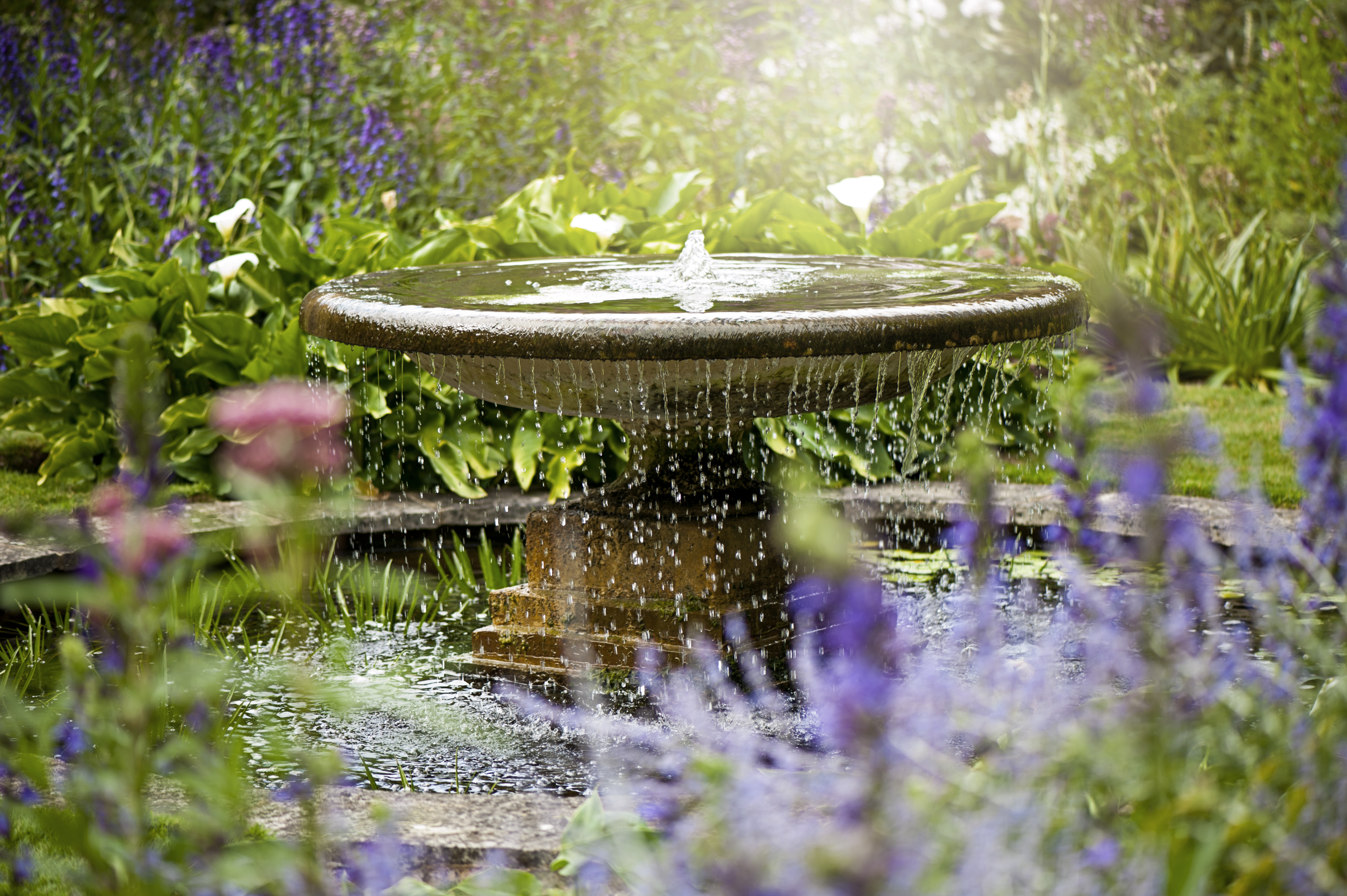 A beautiful garden features a water fountain surrounded by vibrant flowers, creating a serene and decorative focal point in the outdoor space.