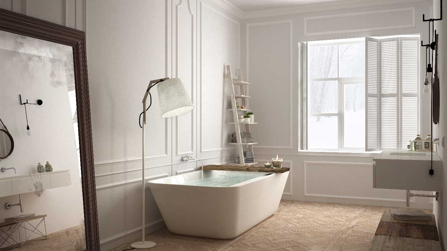 A scandinavian bathroom with a contemporary bathtub