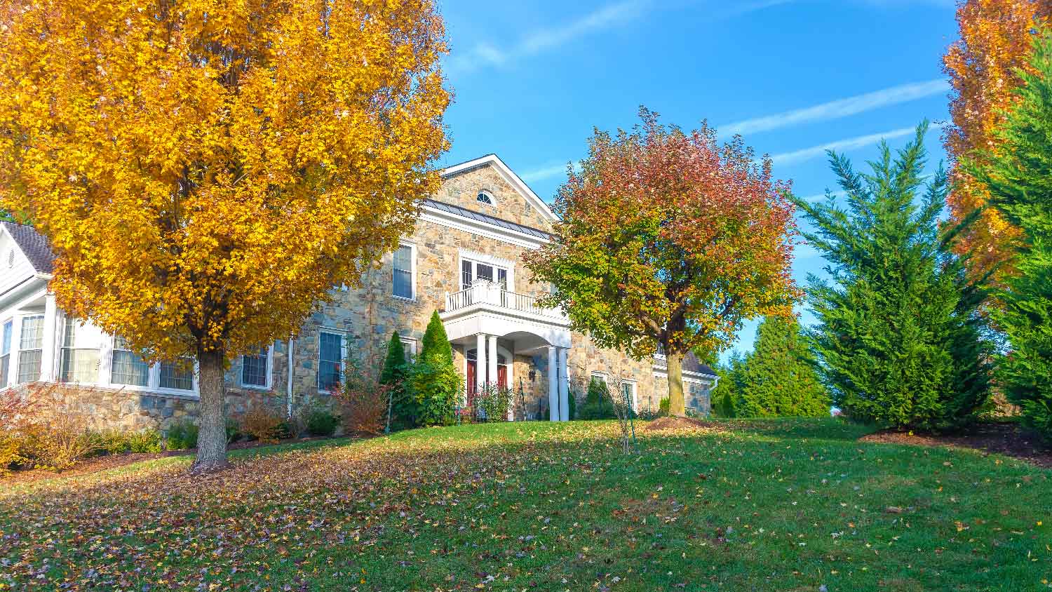 A large house with trees in its front yard