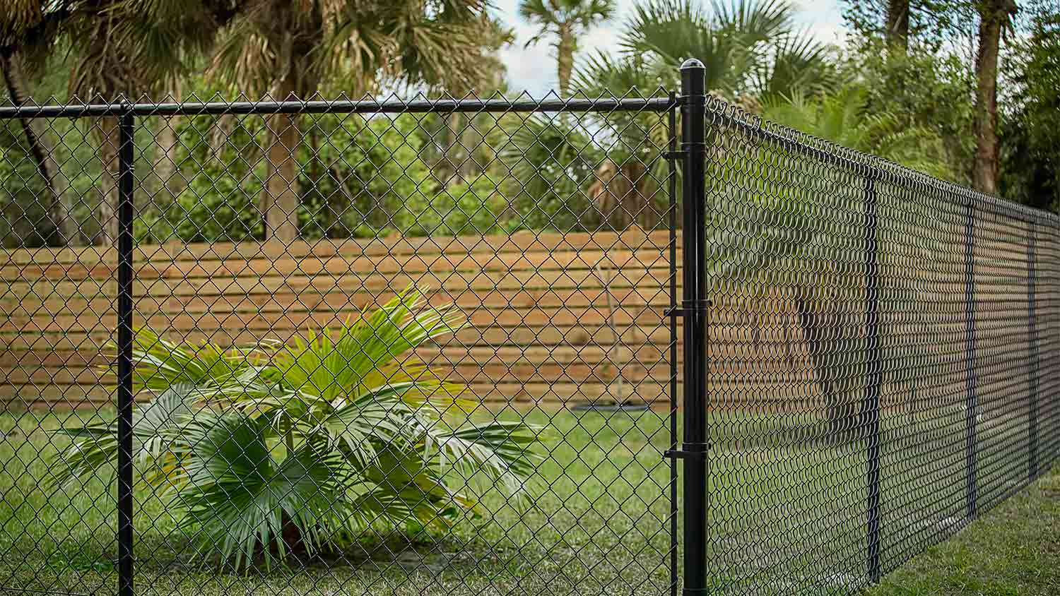 black chain link fence in yard
