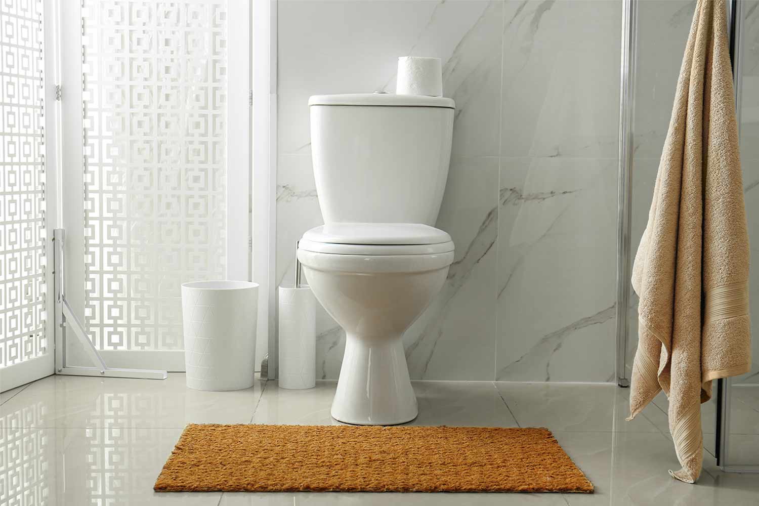 toilet in white marble bathroom