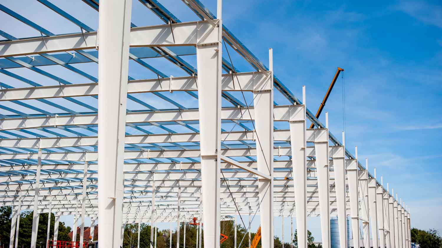 A steel frame of a commercial building